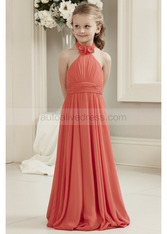 Halter Neckline Coral Chiffon Floor Length Junior Bridesmaid Dress